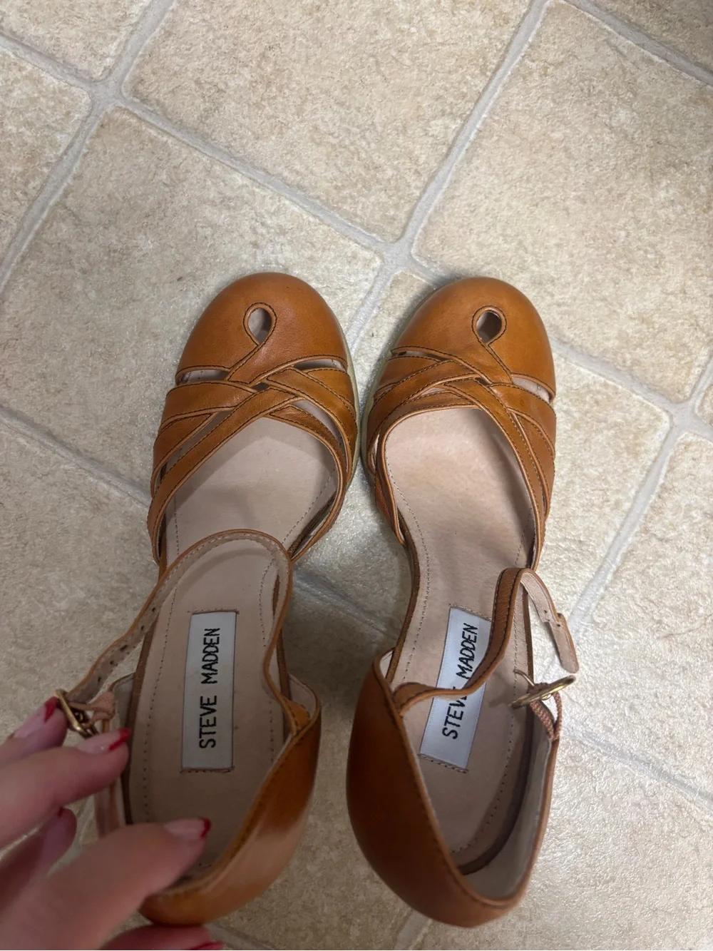 Steve Madden Tan Leather Ankle-Strap Peep-Toe Heels